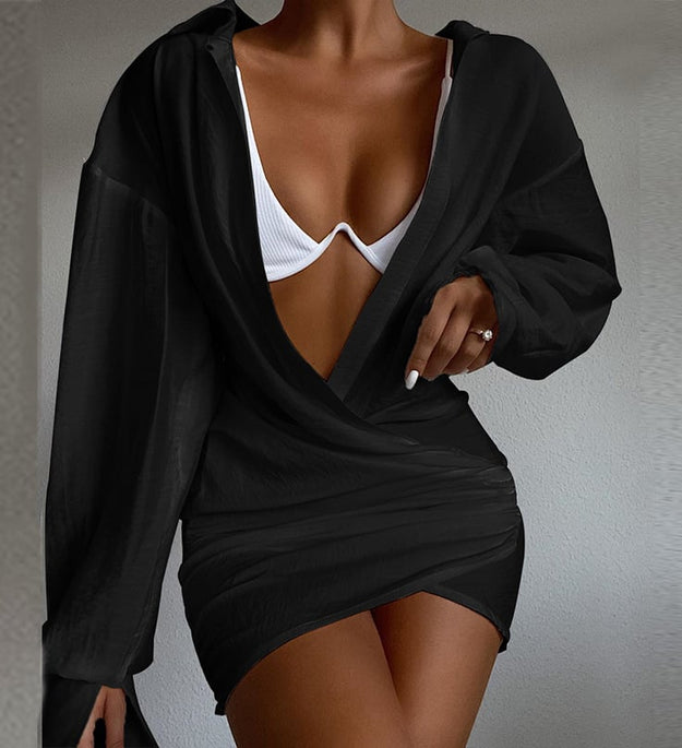 Deep V-Neck Ruched Shirt Mini Dress – Sexy Resortwear Wrap