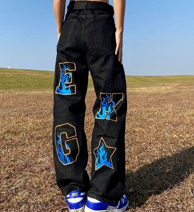 Blue Flame Letter Patch Baggy Jeans – Y2K Streetwear Denim