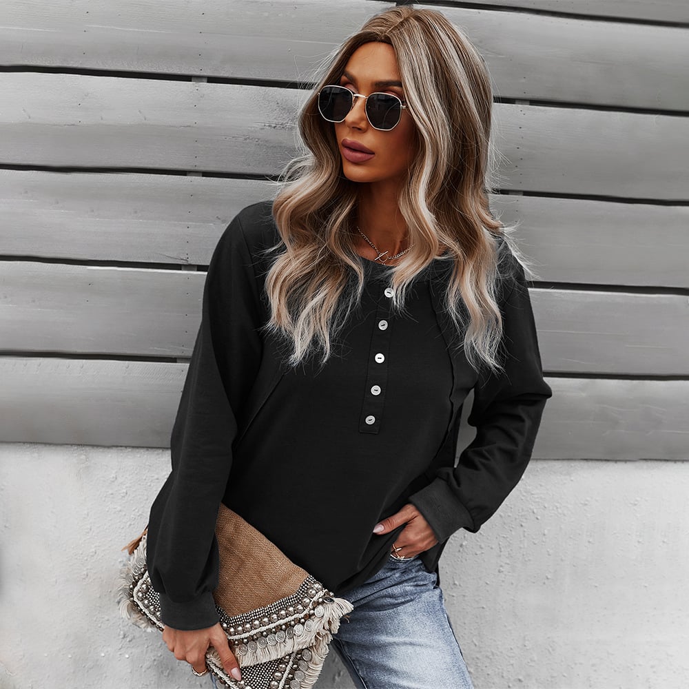 Button-Front Henley Sweatshirt – Casual Loose Long Sleeve Top
