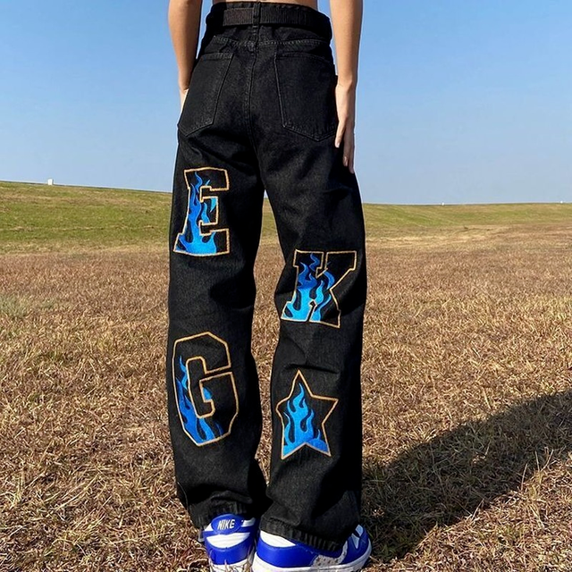 Blue Flame Letter Patch Baggy Jeans – Y2K Streetwear Denim