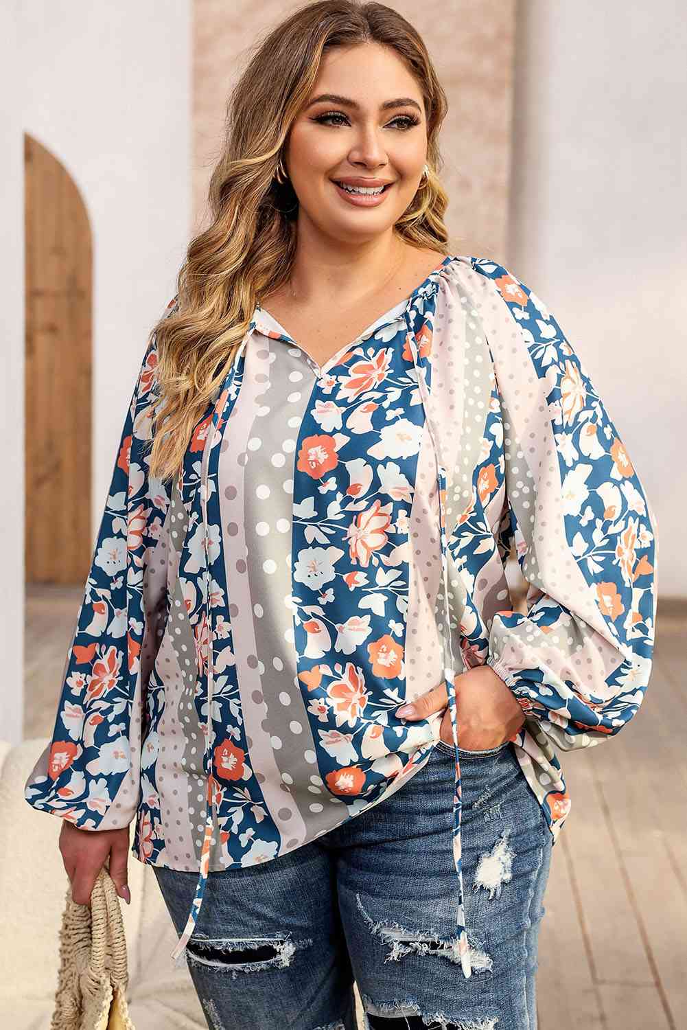 Bohemian Floral & Polka Dot Balloon-Sleeve Blouse – Effortless Everyday Chic