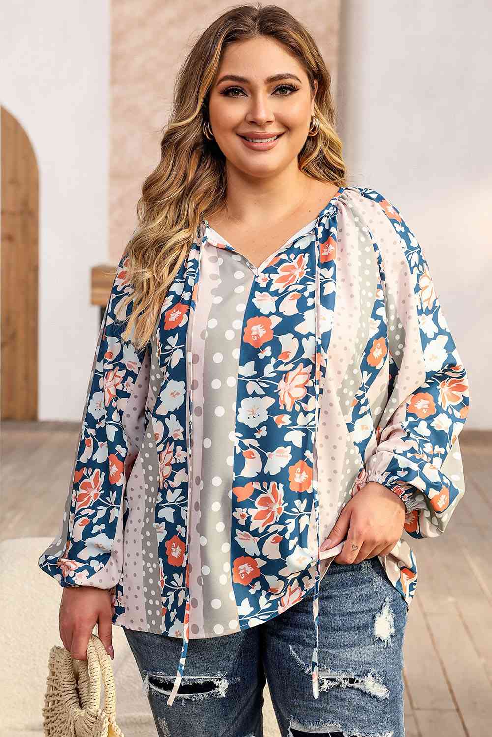 Bohemian Floral & Polka Dot Balloon-Sleeve Blouse – Effortless Everyday Chic