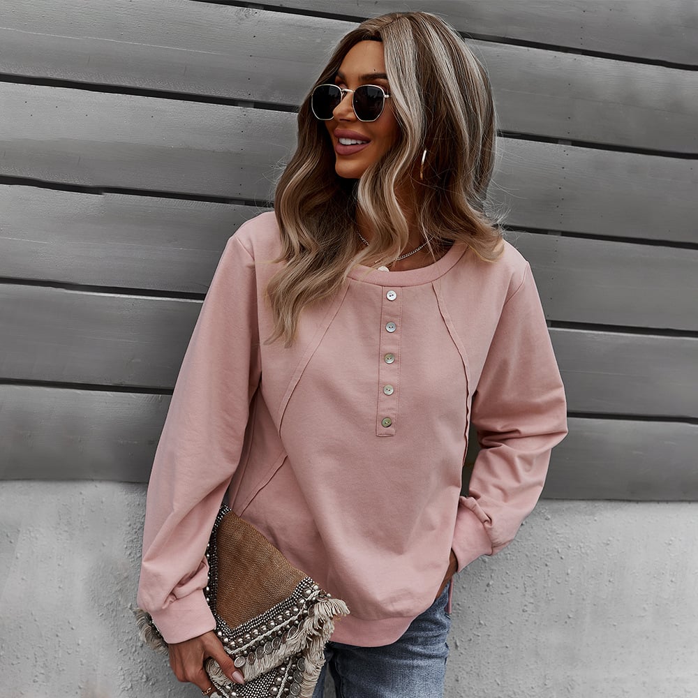 Button-Front Henley Sweatshirt – Casual Loose Long Sleeve Top