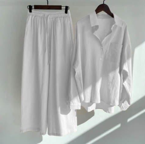Linen-Blend Long Sleeve Shirt & Wide-Leg Pants Set – Breezy Loungewear