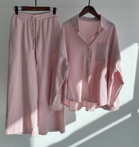 Linen-Blend Long Sleeve Shirt & Wide-Leg Pants Set – Breezy Loungewear