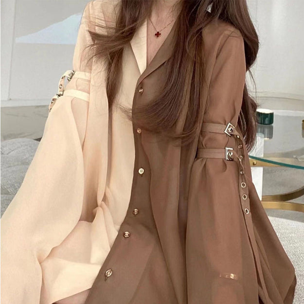 Two-Tone Buckled Lantern Sleeve Shirt Dress – Colorblock Vintage Chic
