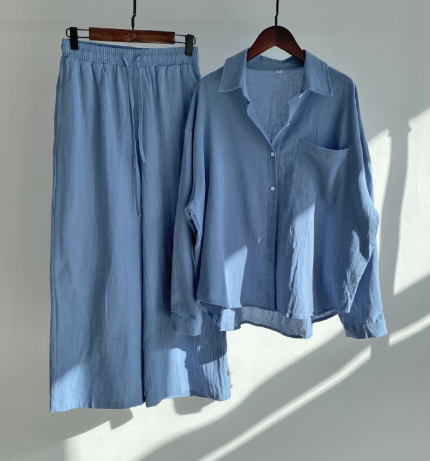 Linen-Blend Long Sleeve Shirt & Wide-Leg Pants Set – Breezy Loungewear
