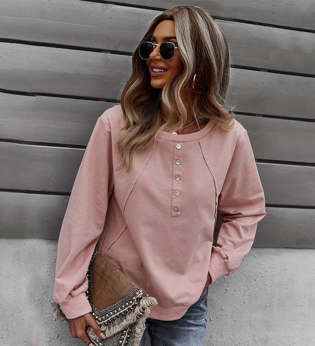 Button-Front Henley Sweatshirt – Casual Loose Long Sleeve Top