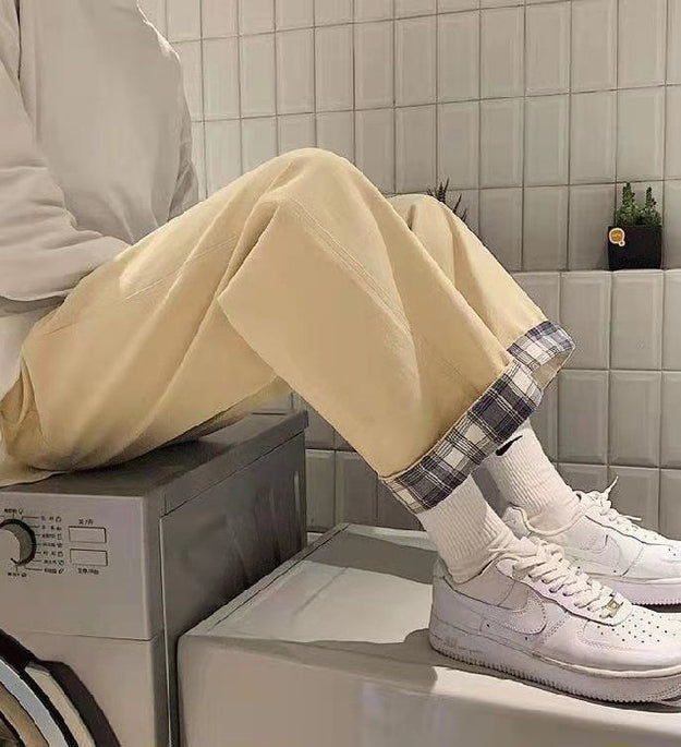 Plaid Cuffed Loose Straight-Leg Pants – Japanese Streetwear Chinos