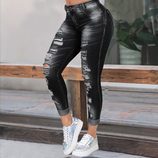 High-Waisted Distressed Skinny Jeans – Curve-Enhancing Stretch Denim