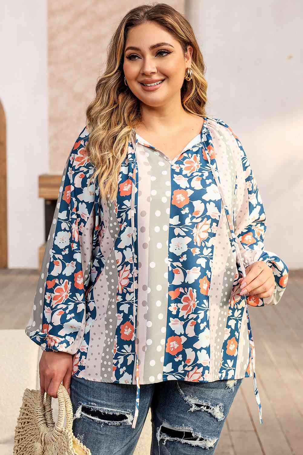 Bohemian Floral & Polka Dot Balloon-Sleeve Blouse – Effortless Everyday Chic