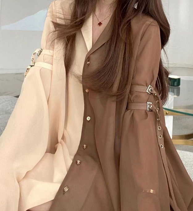 Two-Tone Buckled Lantern Sleeve Shirt Dress – Colorblock Vintage Chic