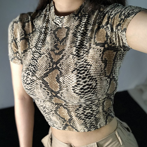 Snakeskin Mock Neck Short Sleeve Crop Top – Edgy Streetwear Basic