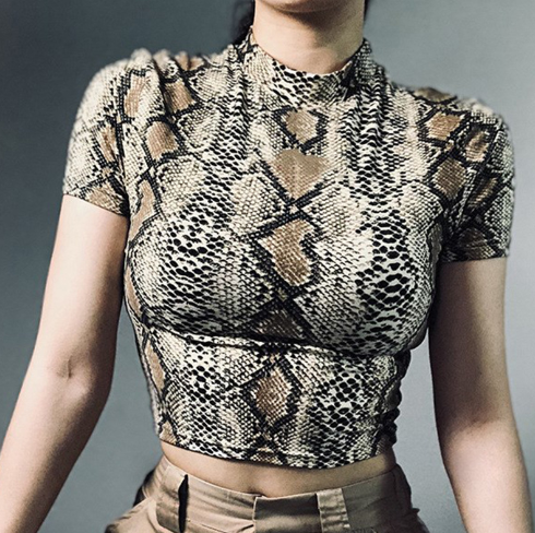 Snakeskin Mock Neck Short Sleeve Crop Top – Edgy Streetwear Basic