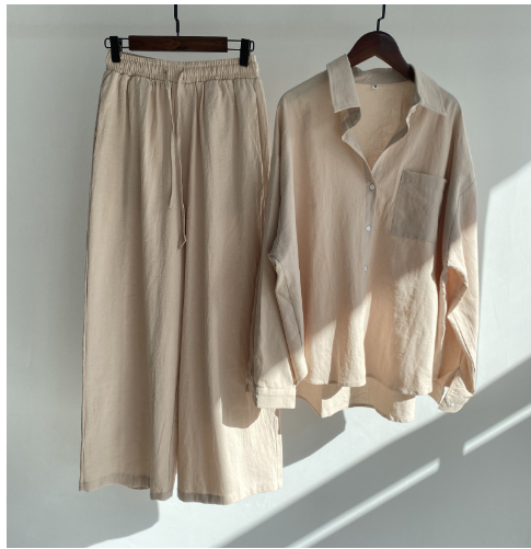 Linen-Blend Long Sleeve Shirt & Wide-Leg Pants Set – Breezy Loungewear