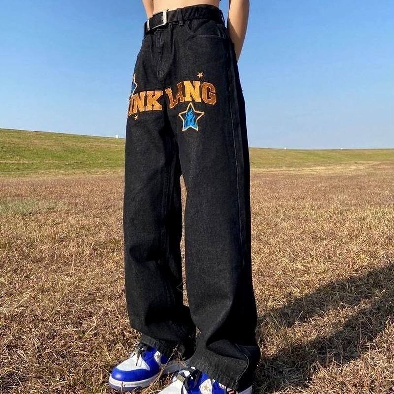 Blue Flame Letter Patch Baggy Jeans – Y2K Streetwear Denim