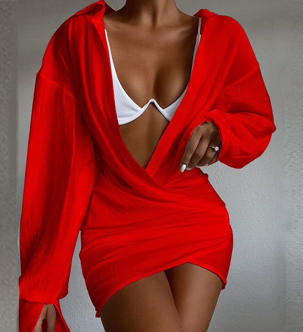 Deep V-Neck Ruched Shirt Mini Dress – Sexy Resortwear Wrap