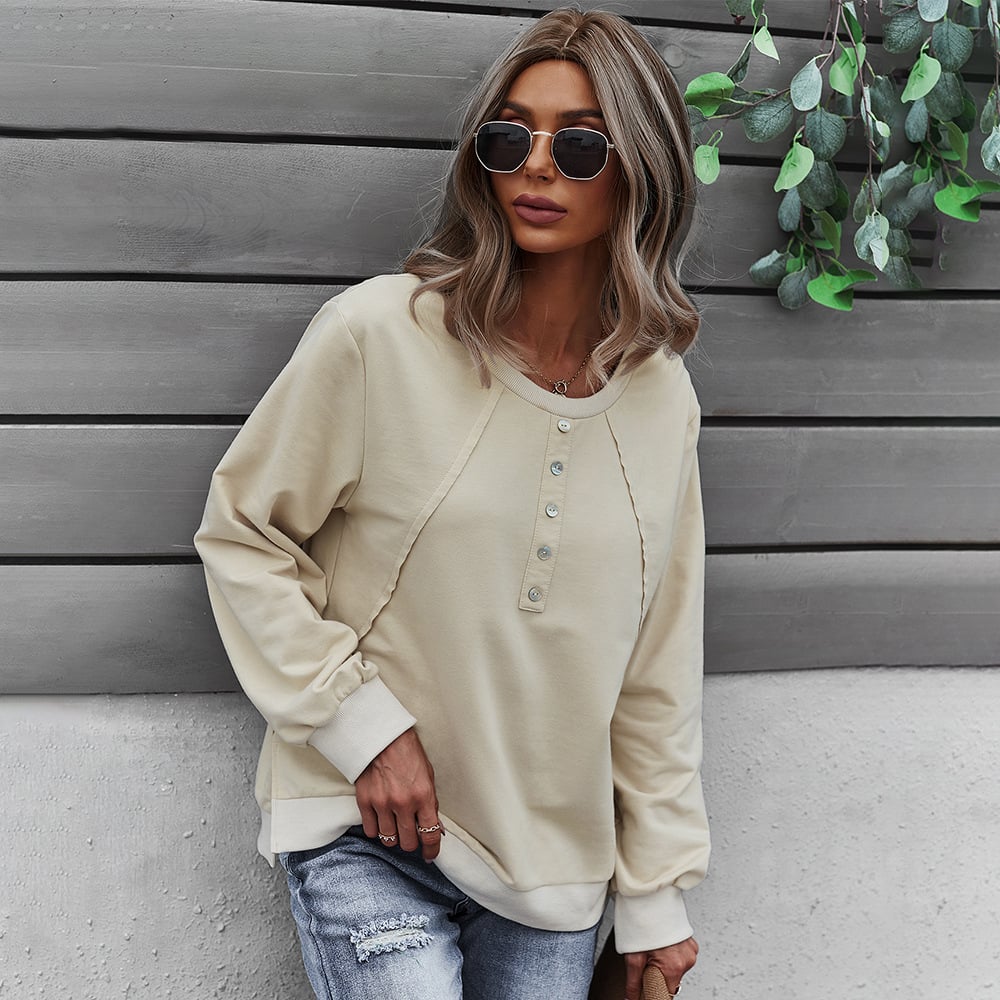 Button-Front Henley Sweatshirt – Casual Loose Long Sleeve Top