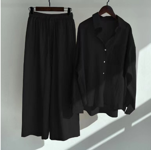 Linen-Blend Long Sleeve Shirt & Wide-Leg Pants Set – Breezy Loungewear