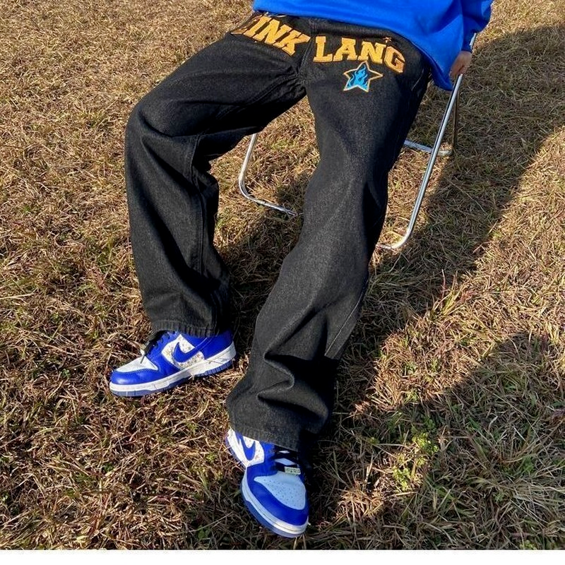 Blue Flame Letter Patch Baggy Jeans – Y2K Streetwear Denim
