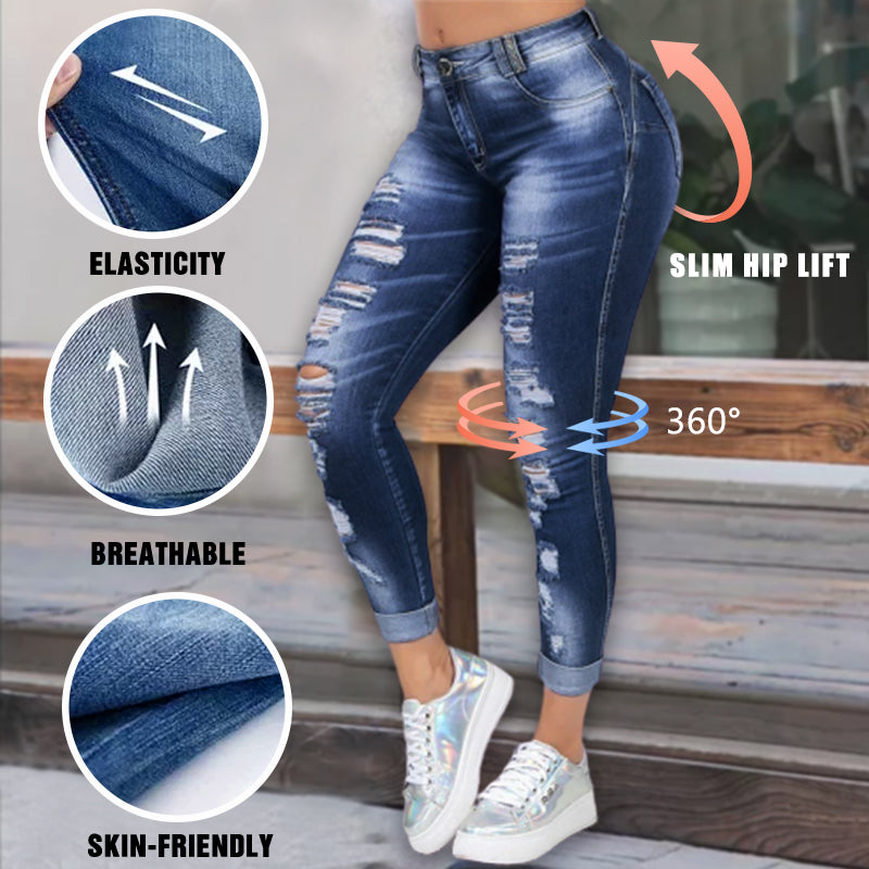High-Waisted Distressed Skinny Jeans – Curve-Enhancing Stretch Denim