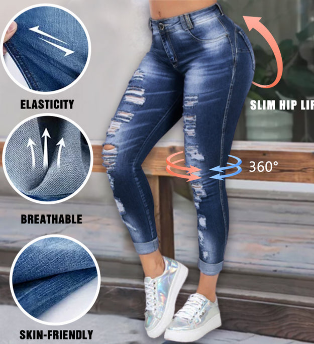 High-Waisted Distressed Skinny Jeans – Curve-Enhancing Stretch Denim